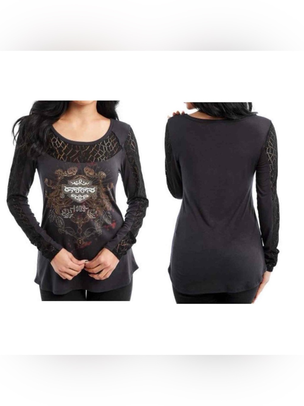 Harley-Davidson Black Long Sleeve Lace Yoke Graphic Top